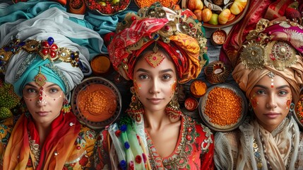 Three women wearing colorful turbans and traditional clothing stand in front of a table full of food. The table is covered with various dishes, including bowls, apples, and oranges