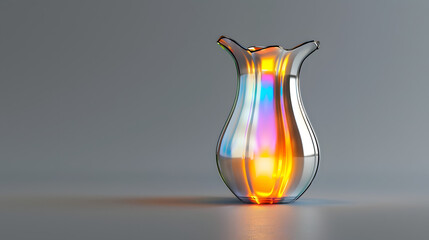 3D render of silver metal vase with holographic iridescent glass texture