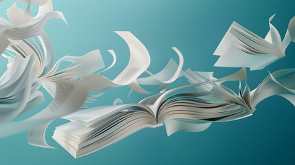Obraz premium 3D render of open books with pages flying out on a blue background