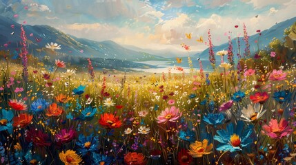 A painting of a field of flowers with a blue sky in the background. The painting is full of bright colors and has a peaceful, serene mood