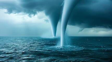 A stormy ocean with two tornadoes shooting out of the water. Scene is intense and dramatic