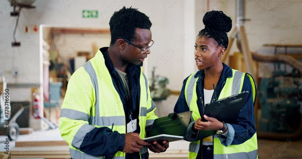 Canvas Prints Safety, inspection and people in warehouse with tablet, checklist and chat about industrial compliance. Factory, inventory and logistics of construction and discussion of online planning in workshop