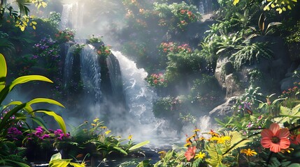 A cascading waterfall framed by lush greenery and colorful wildflowers