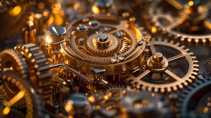 A close up of a clock with many gears and a gold finish. The gears are all different sizes and are interlocked together. The clock is a work of art and a symbol of the passage of time - obrazy, fototapety, plakaty