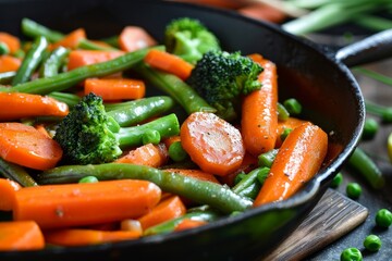 Carrots And Green Beans. Broccoli, carrots and green beans, green, stir fry, pan, bean, food, background.