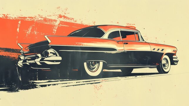 A vintage car is driving down a road. The car is orange and black