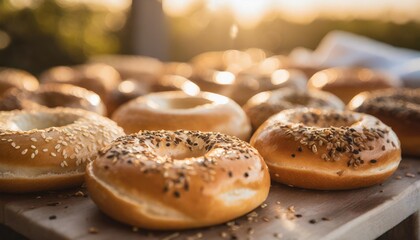 assortment of authentic fresh baked new york style bagels with seeds