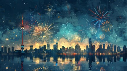 A city skyline with a tall building in the middle and a large tower in the background. The sky is filled with fireworks, creating a festive and lively atmosphere