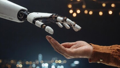  the robot's hand touches the human hand on a black background. the concept of helping artificial intelligence to people. development of AI technologies and robotics. AI generation