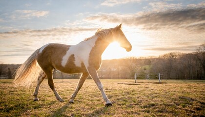 overo patterned horse walking in pasture in the spring with brown and white coloring
