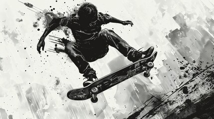 A man is doing a trick on a skateboard. The image has a black and white color scheme and a gritty, urban feel. The man's skateboard is in the air, and he is wearing a black shirt