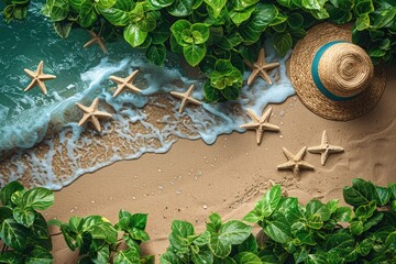 Fototapeta na wymiar summer tropical beach accessories background professional photography
