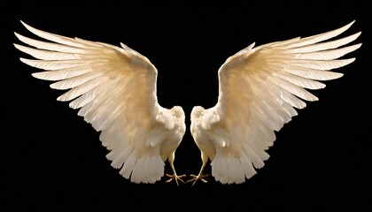 angelic white feathered wings isolated on black - obrazy, fototapety, plakaty