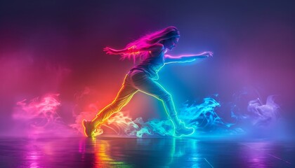 Fototapeta na wymiar Create a dynamic and vibrant image featuring a beautiful woman dancing in mid-air against a dark.