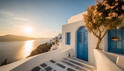 mediterranean style white elegant house exterior with sea view blue door and blooming plant climbing a wall modern greek architecture traditional villa of santorini generative ai human enhanced - obrazy, fototapety, plakaty