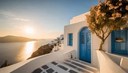 Foto op Plexiglas mediterranean style white elegant house exterior with sea view blue door and blooming plant climbing a wall modern greek architecture traditional villa of santorini generative ai human enhanced © Lucia