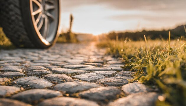Fototapeta a monochrome photograph depicting a stone floor with wood and grass elements the flooring resembles a road surface contrasting with the soil and automotive tire in the background