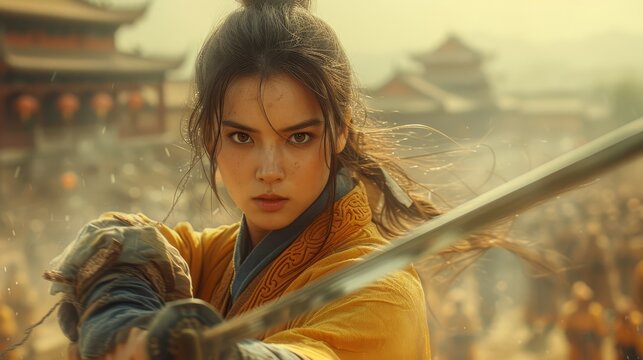 a woman holding a sword in a scene from the movie mulan, which is currently in the chinese television series mulan.