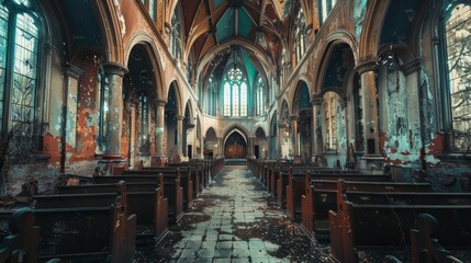 The church is empty and in ruins. The stained glass windows are broken and the pews are empty. The church is in a state of disrepair and has a sense of sadness and abandonment - obrazy, fototapety, plakaty