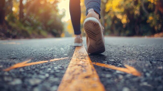 Person seen up close walking on a road.