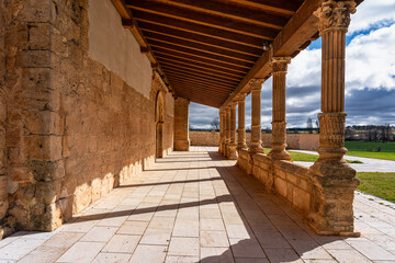 Arcades with medieval stone columns in an old church near Aranda de Duero, Spain - obrazy, fototapety, plakaty