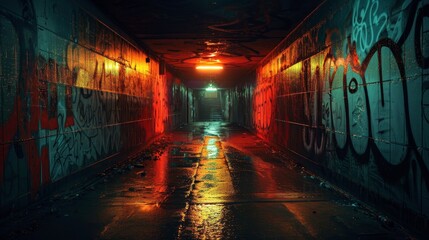 A dark, narrow tunnel with graffiti on the walls. The tunnel is lit up with red lights