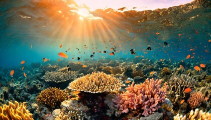 a mesmerizing underwater scene with vibrant coral reefs and exotic fishes unveiling the beauty of...