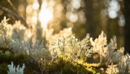 backlit beard lichen on green branches in forest - obrazy, fototapety, plakaty