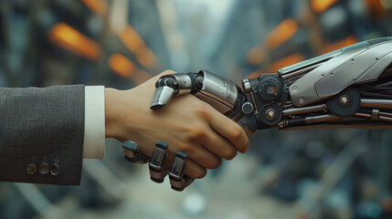 Handshake between human and robot, deal concept