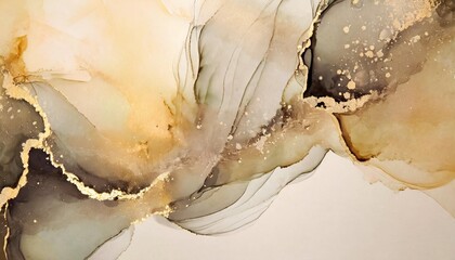 abstract alcohol ink painting texture in beige tones with golden splashes