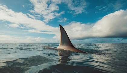  shark fin on surface of ocean agains blue cloudy sky 