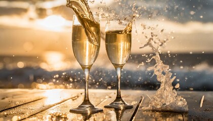 glasses of champagne with splash celebration theme - obrazy, fototapety, plakaty