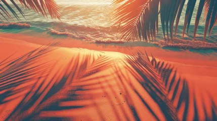  A beach with palm trees and a sunset in the background. The palm trees are casting shadows on the sand © Sodapeaw