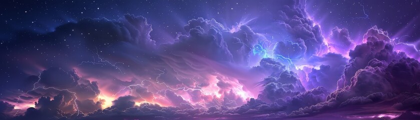 Stormy skies filled with purple thunder and flashes of glowing light