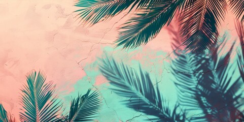 A tropical scene with palm trees and a pink and blue background. The palm trees are casting shadows on the wall