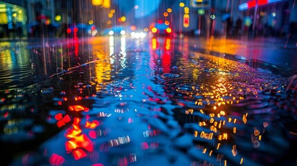 A rainy city street with cars and people walking. The water on the street is reflecting the lights from the cars and the street lamps. Scene is calm and peaceful, despite the rain