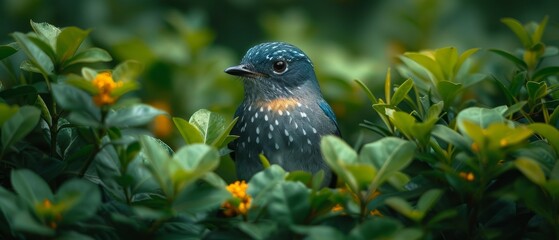 a close up of a bird in a bush with yellow flowers in the foreground and green leaves in the background.