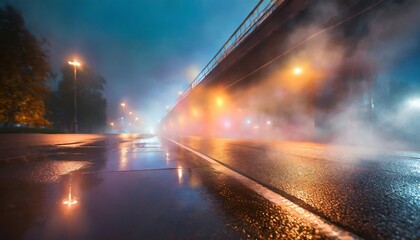 wet asphalt with reflection of neon lightsin a neon smoke abstract blue and orange light in a dark...