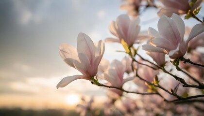 delicate pink magnolia blossoms against a serene sky during springtime