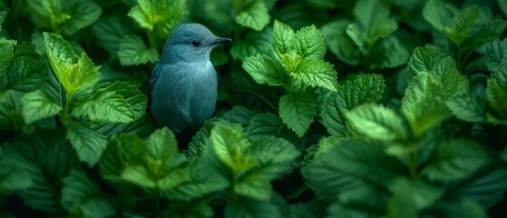 a small blue bird sitting on top of a lush green leaf filled forest filled with lots of leafy green leaves. - obrazy, fototapety, plakaty