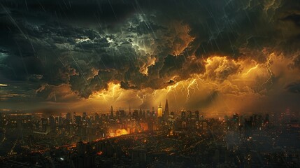 Fototapeta premium A city skyline is lit up by the light of the city and the sky is filled with lightning