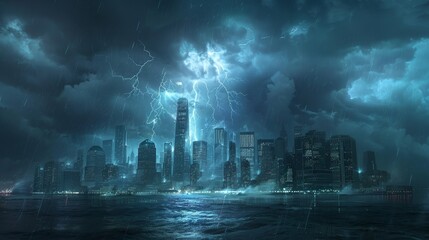 A city skyline is shown in the background with a stormy sky and rain. Scene is dark and ominous, with the stormy weather and the city lights in the foreground
