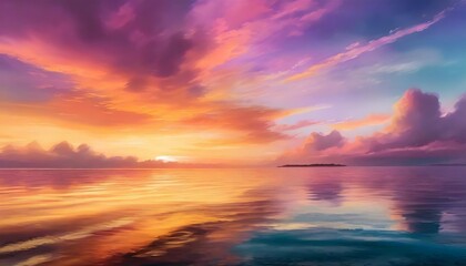 Naklejka na ściany i meble anime styled breathtaking sunset over a calm ocean with hues of orange pink and purple painting the sky
