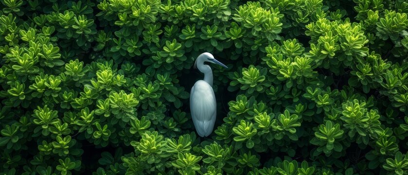 a white bird standing in the middle of a lush green forest filled with lots of leafy green shrubbery.