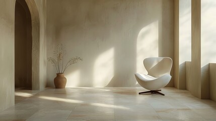 Fototapeta na wymiar A white chair sits in a room with a tan wall and a vase on a table. The room is empty and has a minimalist feel