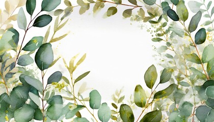 Fototapeta na wymiar watercolor green leaves frame herbal eucalyptus border green leaves and branches on white background simple minimalistic design for card invitation poster save the date wedding or greeting