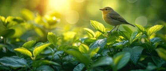 Obraz premium a small bird perched on top of a lush green leafy plant in the sunbeams of a forest.