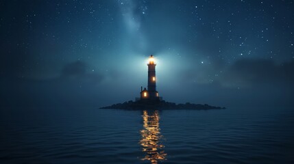 A lighthouse is lit up in the dark night sky. The water is calm and the lighthouse is the only light source. The scene is peaceful and serene