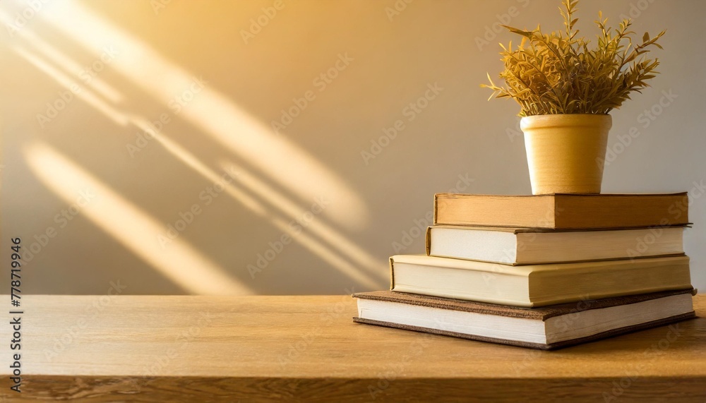 Wall mural books and plant on wooden table with copy space education background - Wall murals