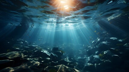 Fototapeta na wymiar Underwater view of the sunbeams breaking through the water surface, Underwater Ocean Blue Abyss With Sunlight Diving And Scuba Background.